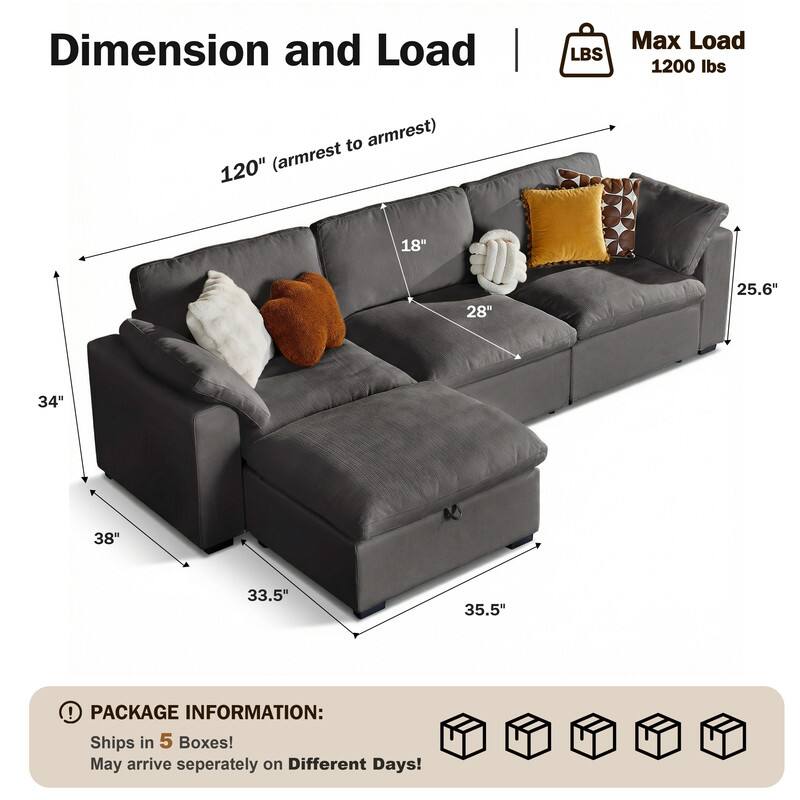 Dimension and Load  
Max Load: 1200 lbs  

120" (armrest to armrest)  
18"  
28"  
25.6"  
34"  
38"  
33.5"  
35.5"  

PACKAGE INFORMATION:  
Ships in 5 Boxes!  
May arrive separately on Different Days!