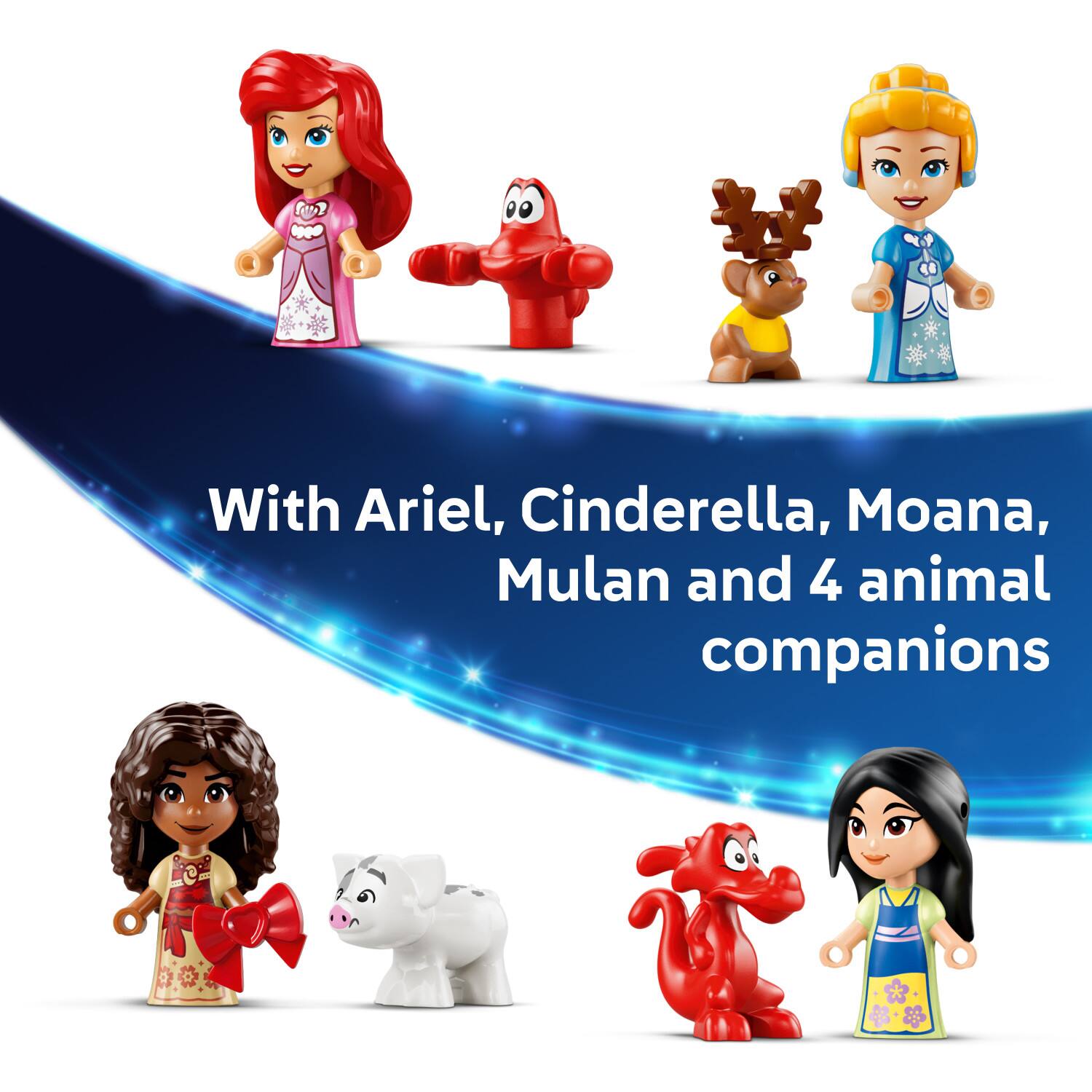 With Ariel, Cinderella, Moana, Mulan and 4 animal companions