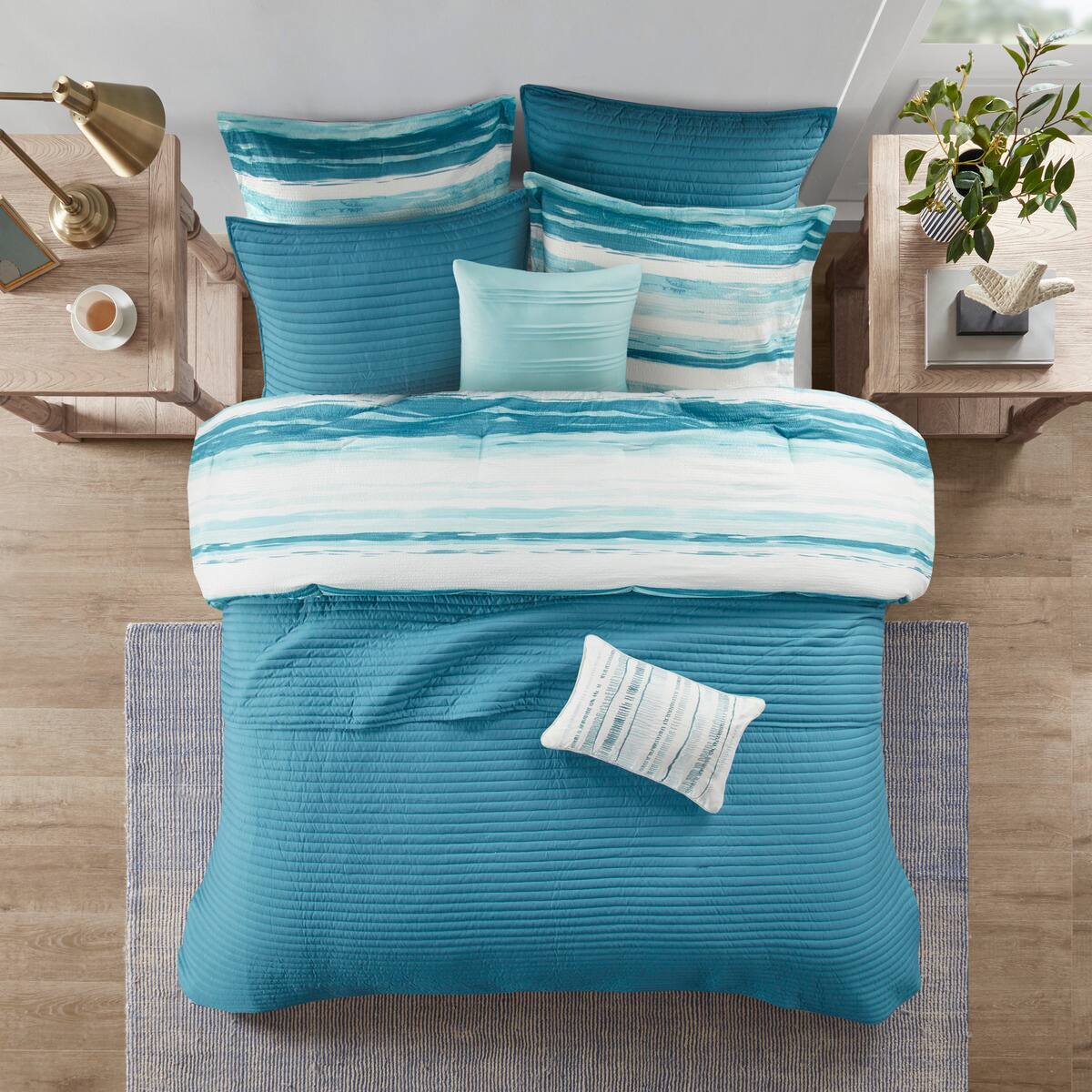 Angle. TinyHomie - 8 Piece Printed Seersucker Comforter and Quilt Set Collection Aqua King/Cal King - Aqua.