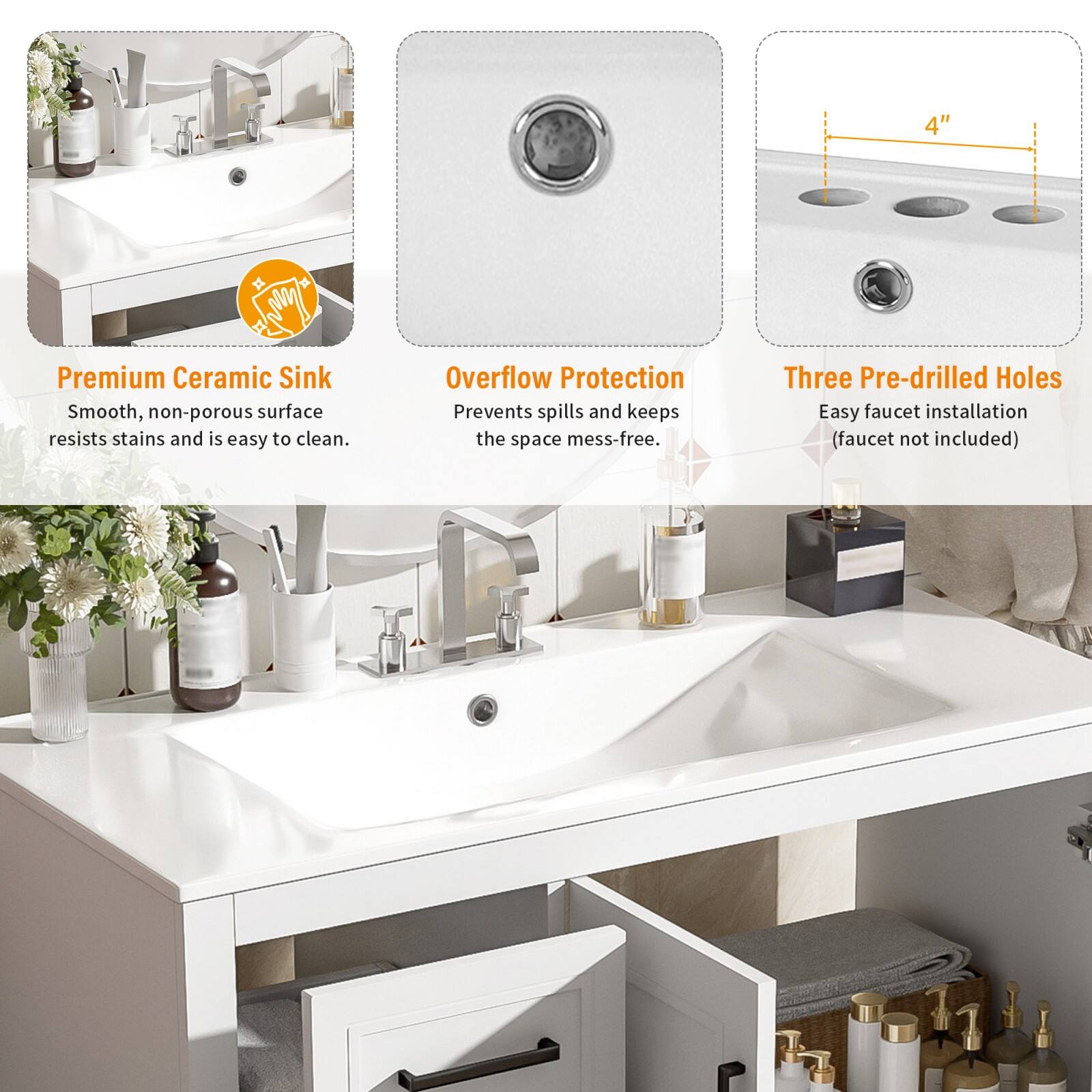 - Premium Ceramic Sink: Smooth, non-porous surface resists stains and is easy to clean.
- Overflow Protection: Prevents spills and keeps the space mess-free.
- Three Pre-drilled Holes: Easy faucet installation (faucet not included).