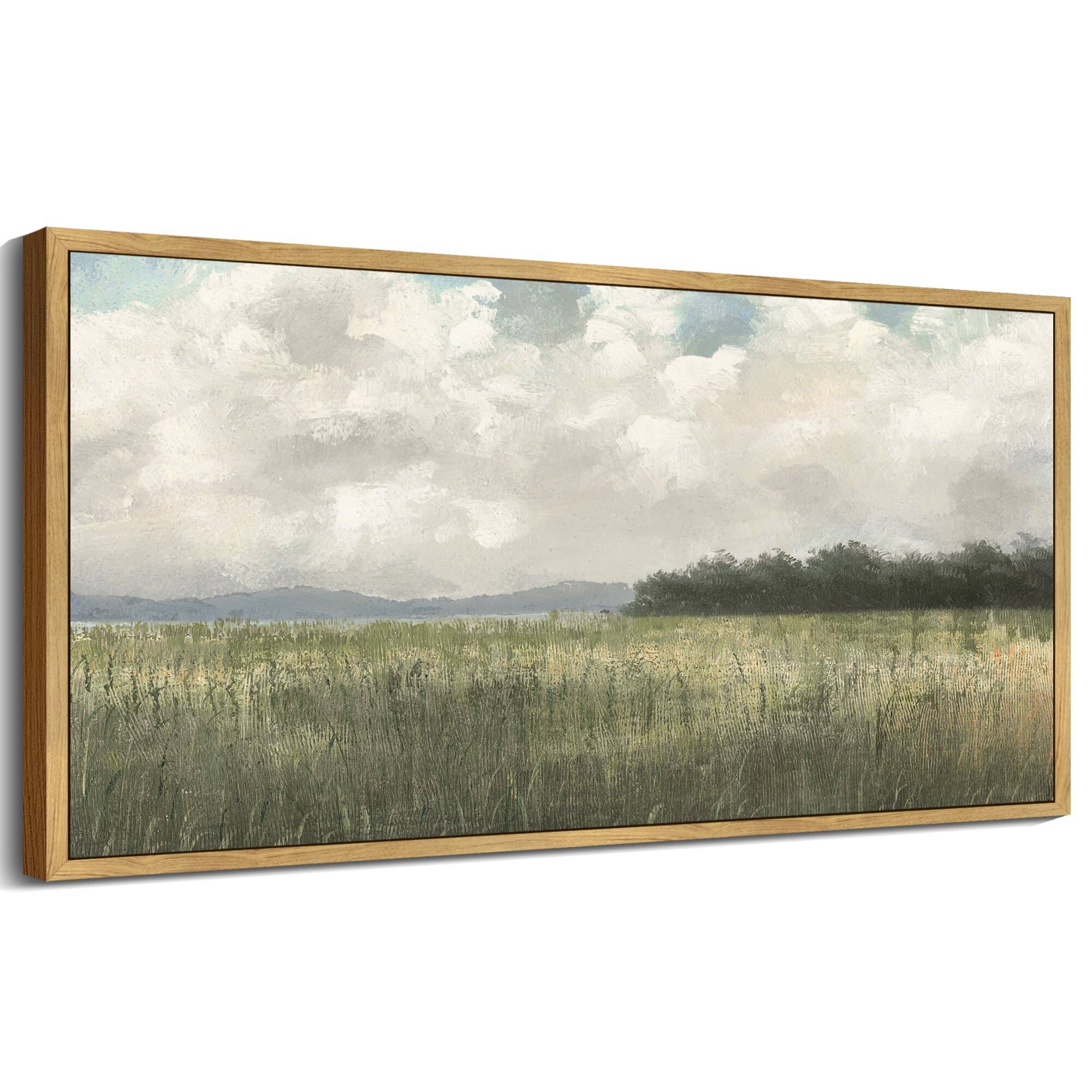 Front. Fabibe - 20x40in Natural Framed Fade amp; Scratch-Resistant - Vintage landscape art printed - Brown 16"L x 8"W Meadow Scenery.