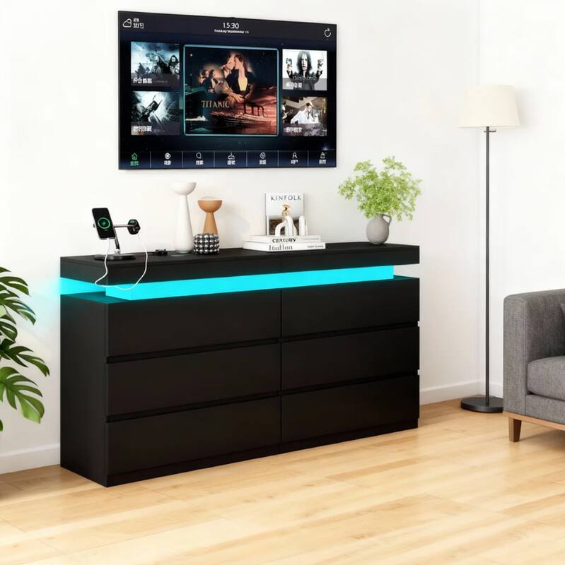 Dyonery - Modern 6-Drawer Dresser with Sliding Desktop & Power Outlet - Storage Cabinet with LED Lights - Black