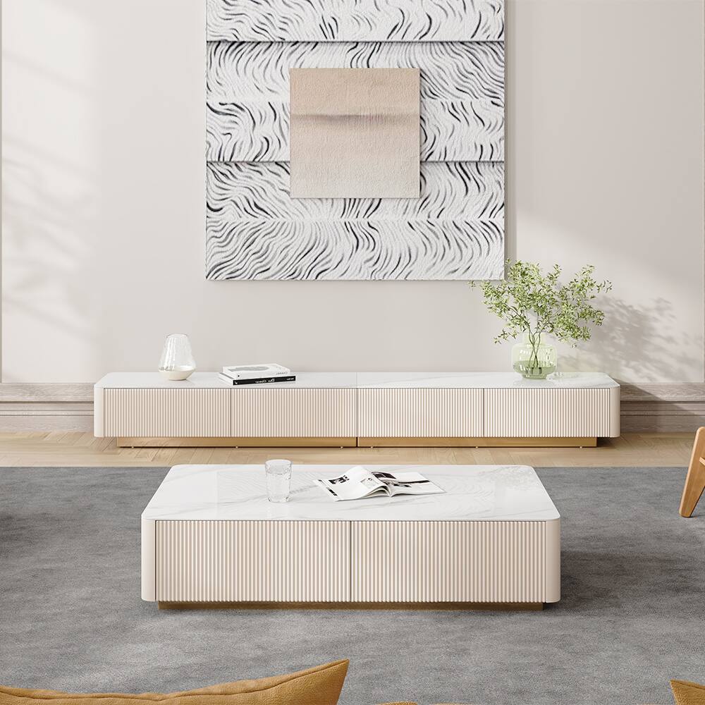 Alt View 9. POVISON - 95" Long Fluted TV Stand with Glossy Sintered Stone Top, Beige  Entertainment Center  Fits TVs Up to 85 Inches - Beige.