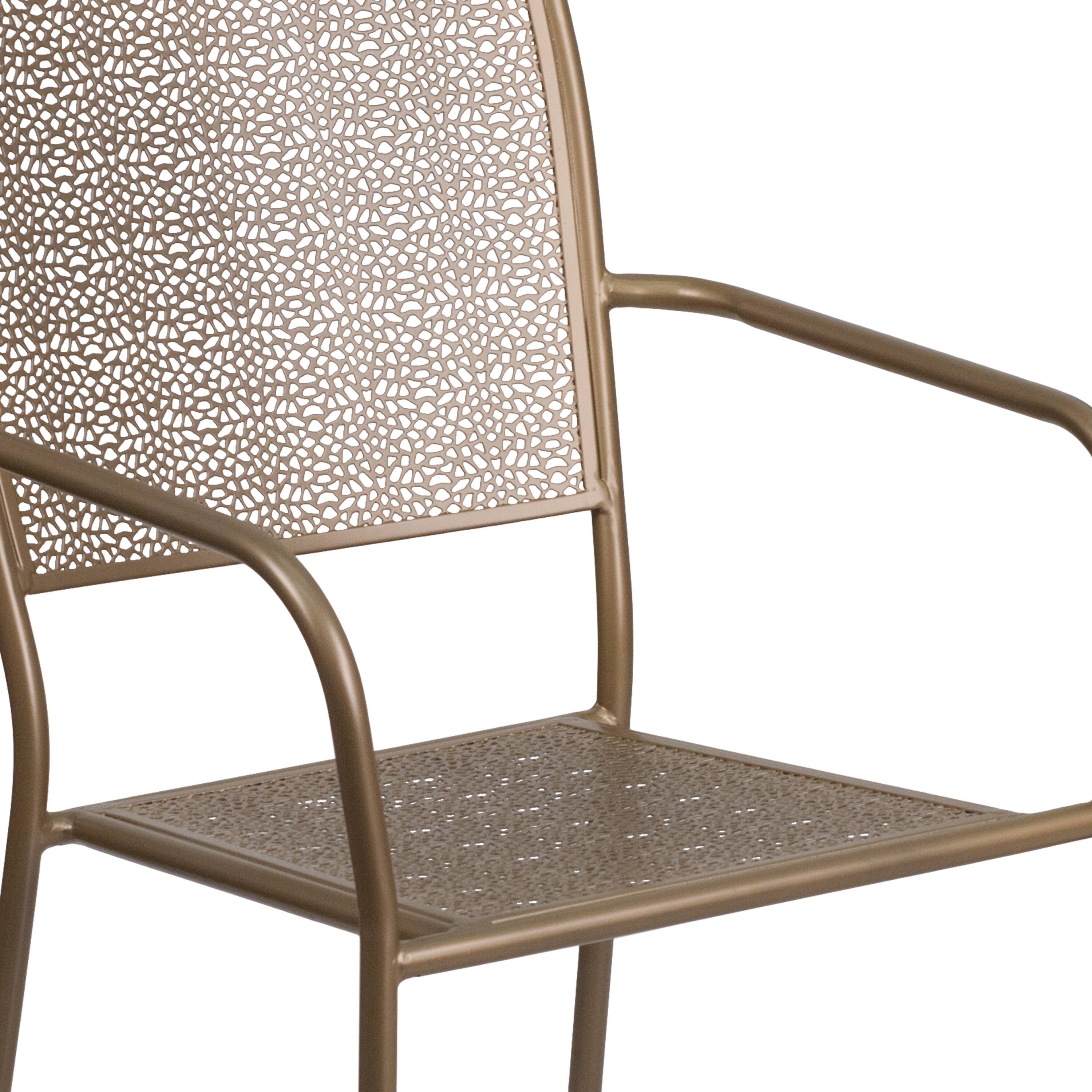 Alt View 8. Emma + Oliver - Commercial Grade Colorful Metal Patio Arm Chair with Square Back - Gold.