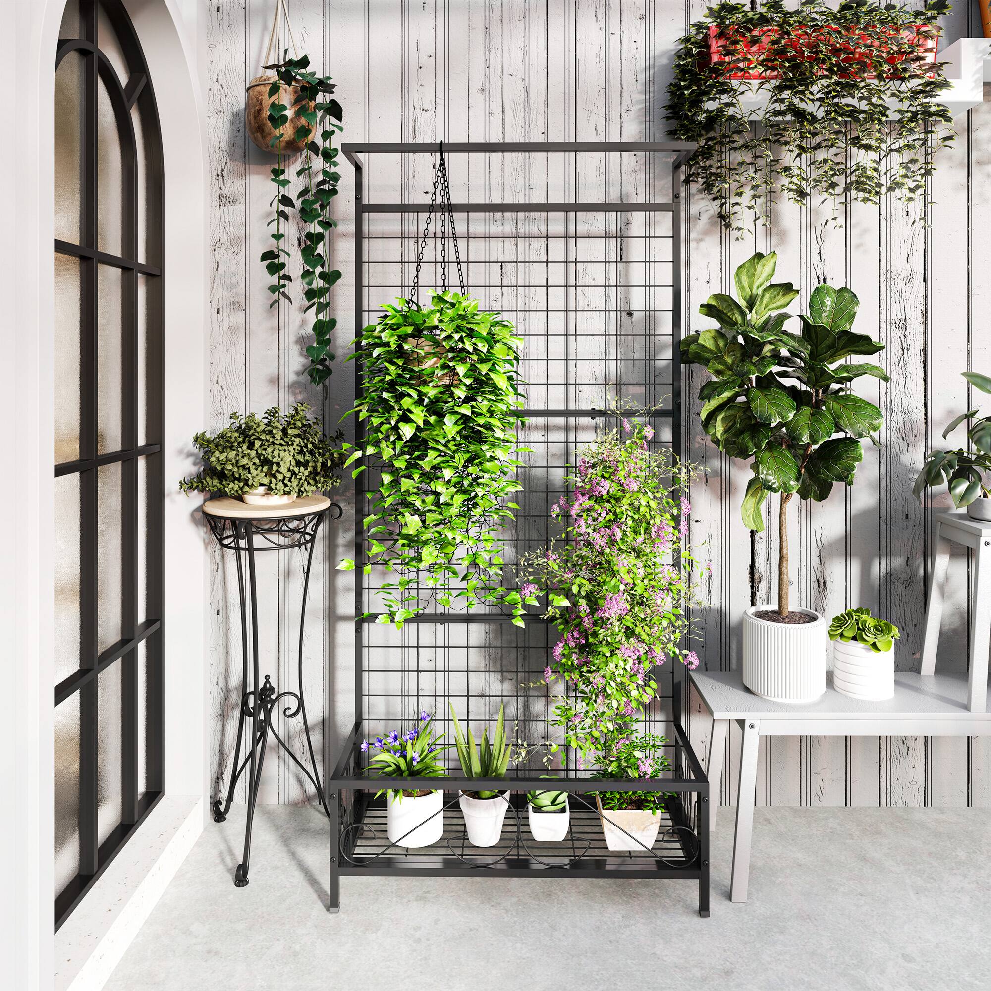 Alt View 5. Outsunny - Tall Plant Stand with Trellis and Hanging Bar, Metal Plant Holder Flower Stand - Black.