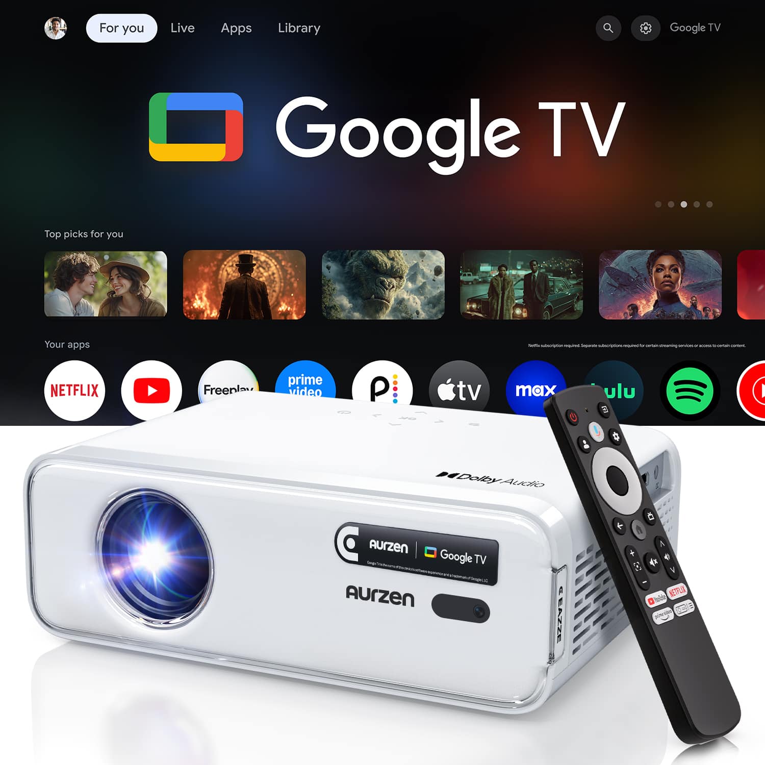 Aurzen - Google TV Smart Projector, Native 1080p Auto Focus & Keystone, Dolby Audio, Zoom, Mini Projector for Home Outdoor - White