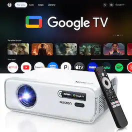 Aurzen - Google TV Smart Projector, Native 1080p Auto Focus & Keystone, Dolby Audio, Zoom, Mini Projector for Home Outdoor - White