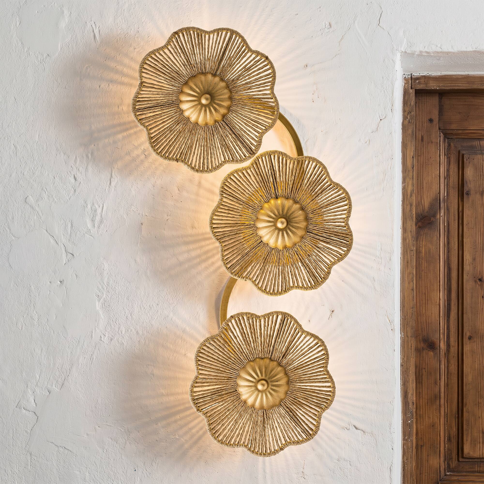 Back. Parrot Uncle - Antique Gold Modern Farmhouse Hand-Woven Raffia Rope Three Flower-Shaped LED Wall Lamp - Gold.