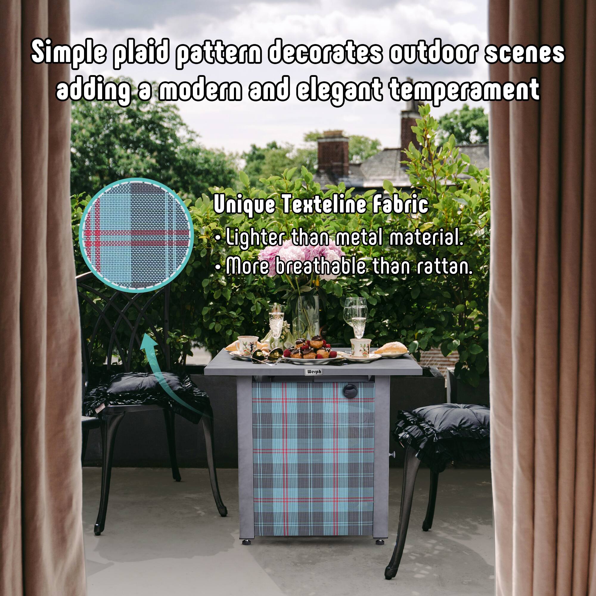 Simple plaid pattern decorates outdoor scenes adding a modern and elegant temperament

Unique Texteline Fabric
- Lighter than metal material.
- More breathable than rattan.