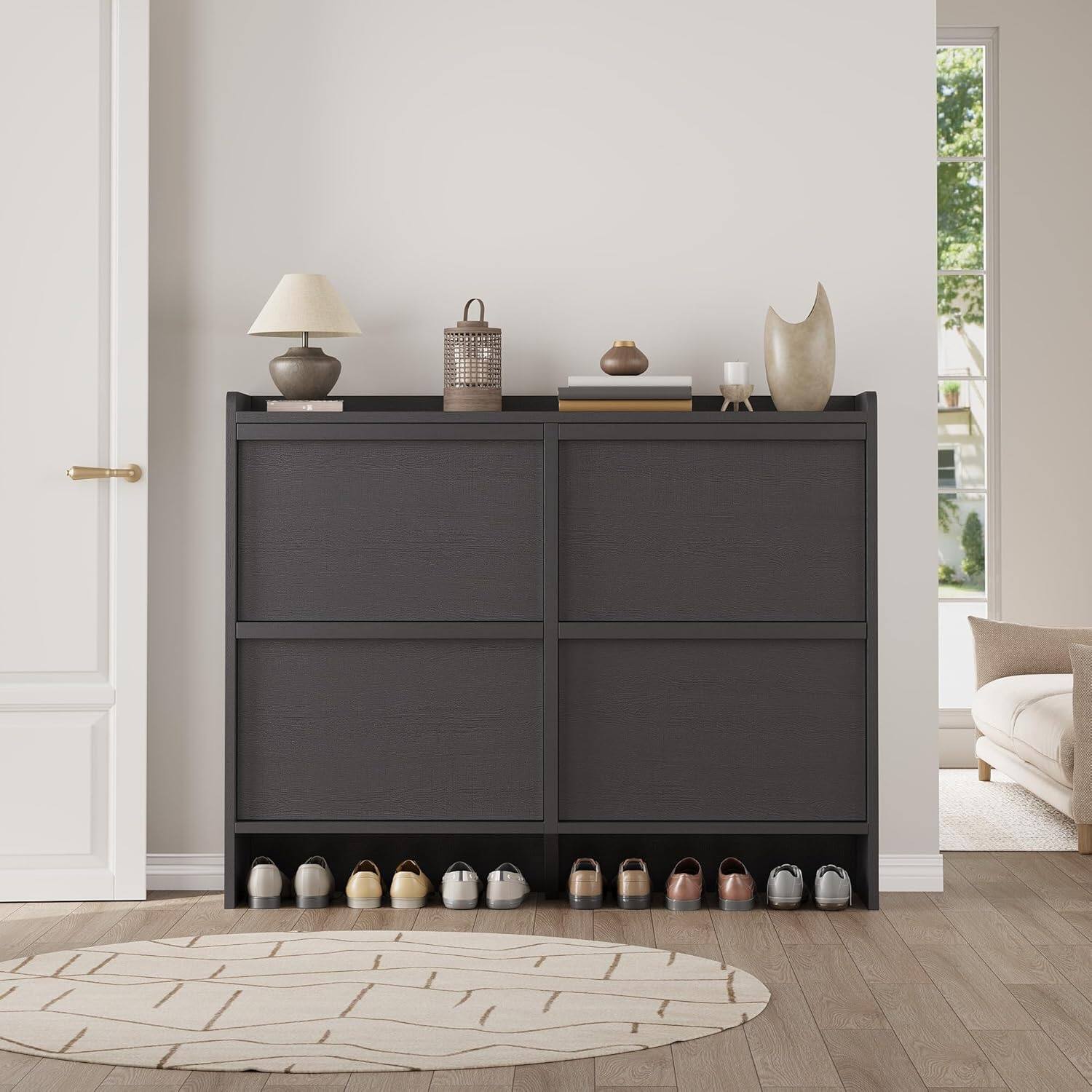 Left. Homhougo - Wooden Shoe Cabinet with 4 Flip Drawers – Adjustable Shelf Shoe Organizer, Hidden Freestanding Shoe Storage - Black.