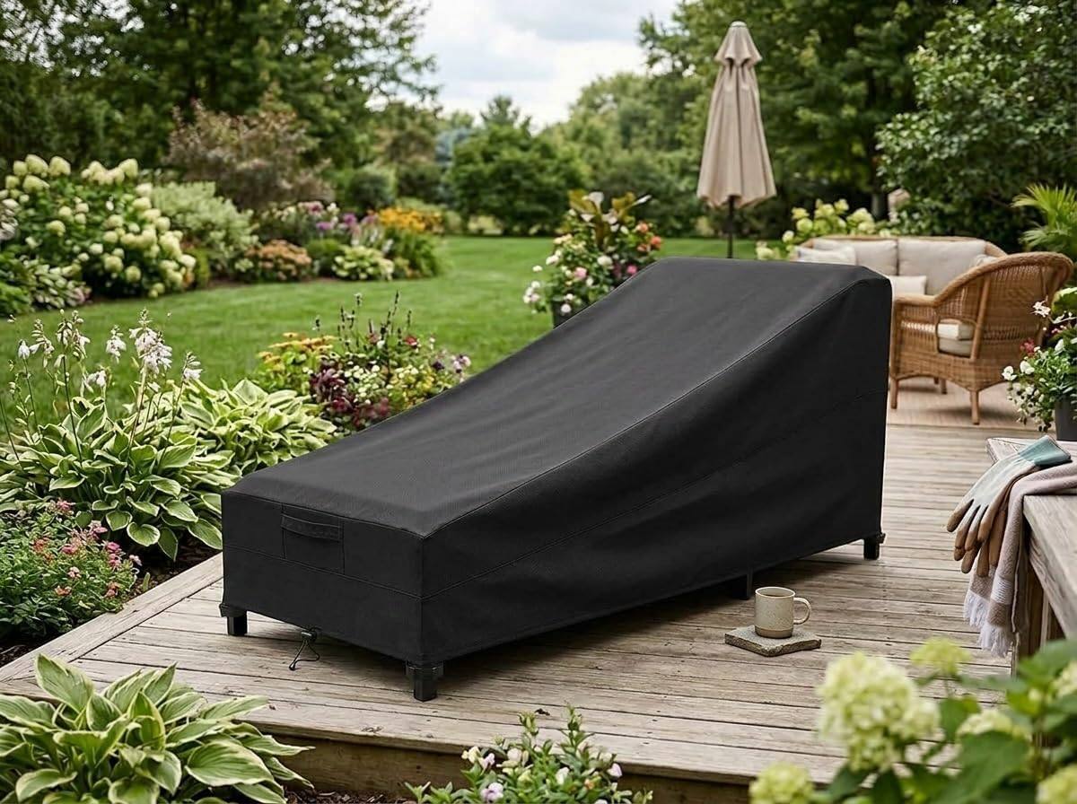 Angle. KHOMO GEAR - Chaise Lounge Cover Waterproof, Outdoor Patio Lounge Chair Cover with Air Vents and Leg Straps - 78"L x 35.5"W x 33"H - Black.