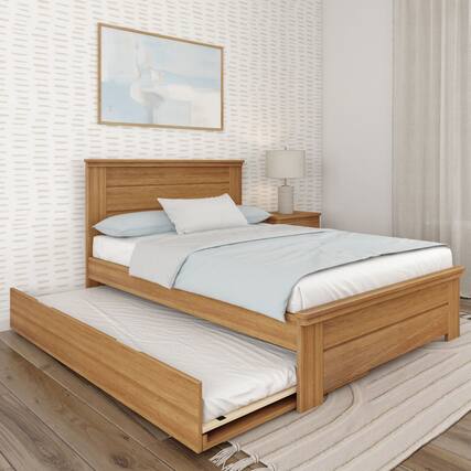 Front. Plank+Beam - Farmhouse Full Bed with Panel Headboard with Trundle, Pecan - Pecan Dip.