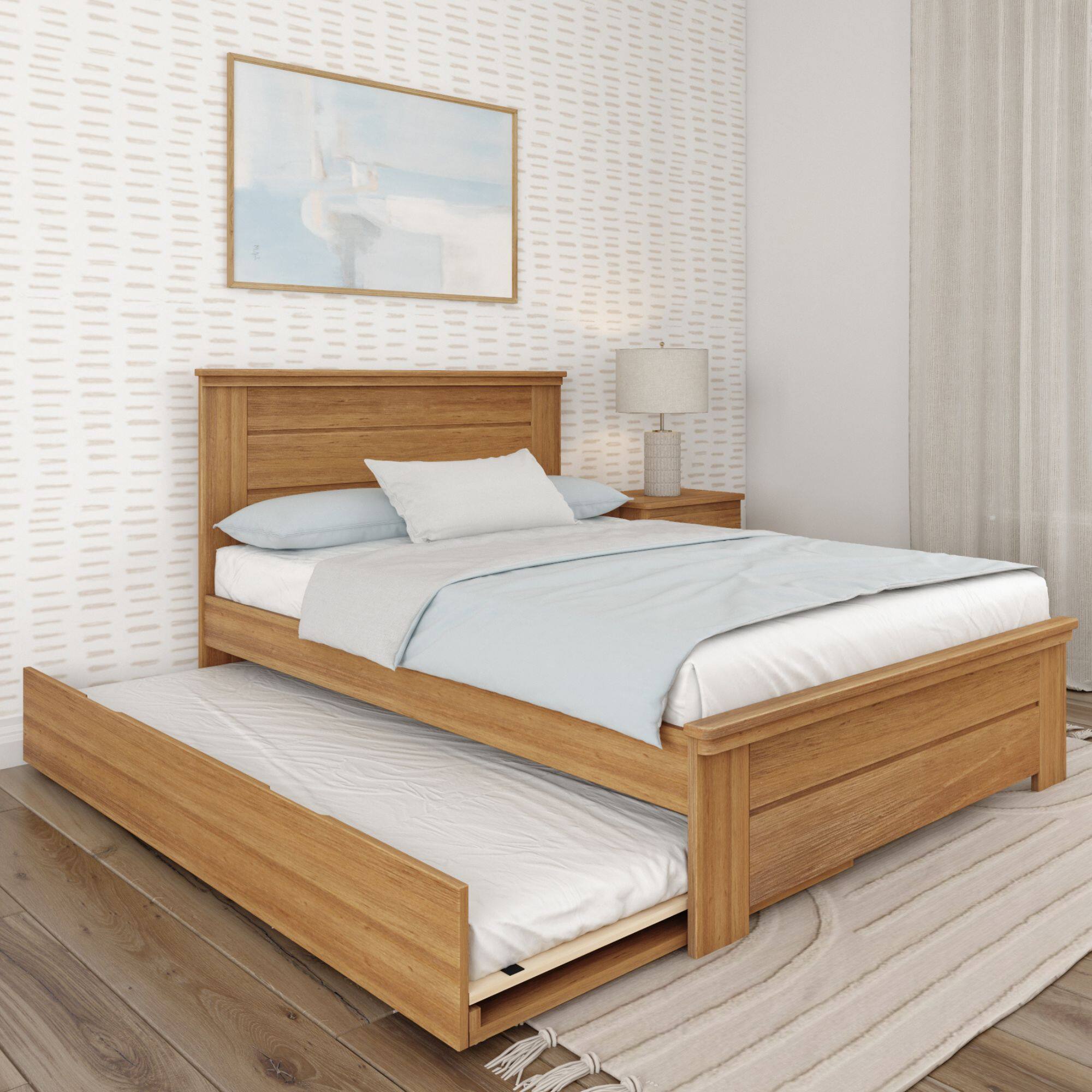 Front. Plank+Beam - Farmhouse Full Bed with Panel Headboard with Trundle, Pecan - Pecan Dip.