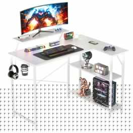 GTPlayer - 42" Wide L-Shaped Gaming Desk with Power Outlets LED Lights and Reversible Storage Shelves & Hooks &Cup Holder - White