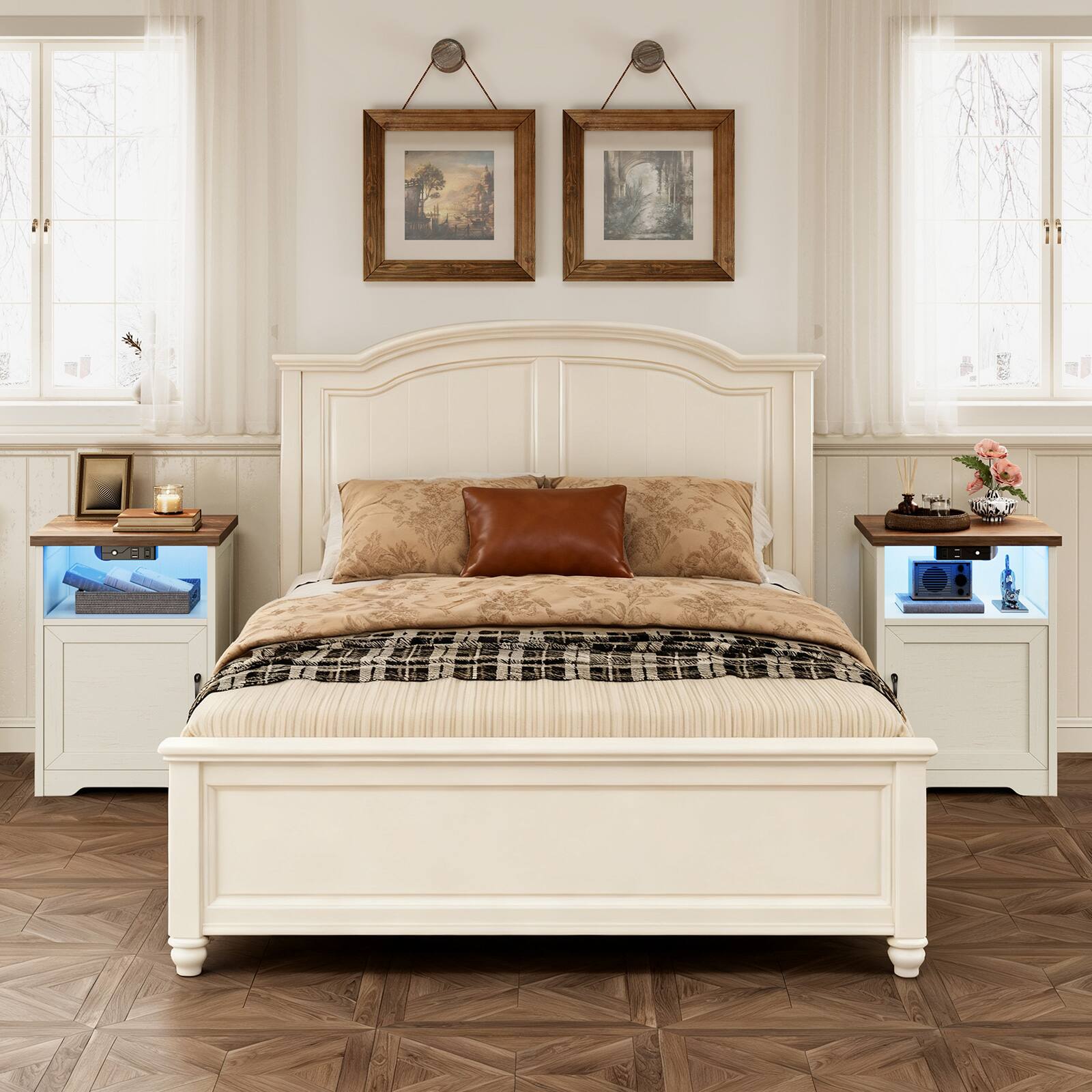 Alt View 1. AODK - Farmhouse Nightstand with Charging Station & LED Lights, End Tables with Storage & Open Shelf（Set of 2） - Walnut+white.