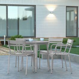 Emma + Oliver - Rennes Powder Coated Steel Stacking Dining Chair with Arms and 2 Slat Back for Indoor-Outdoor Use - Silver