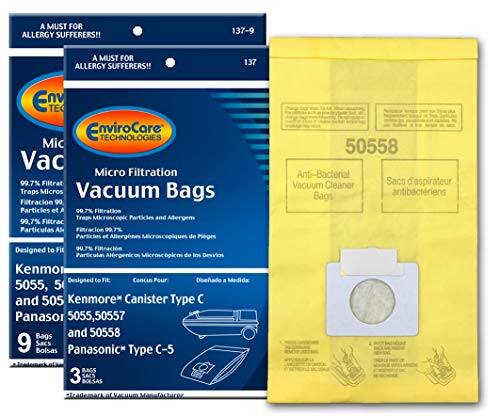 A MUST FOR ALLERGY SUFFERERS!!  
137-9  
A MUST FOR ALLERGY SUFFERERS!!  
137  

EnviroCore TECHNOLOGIES  
Mic Vac Micro Filtration  
99.7% Filtration Traps Micro Particles and Allergens  
90.7% Filtration Traps Particles and Allergens  

Designed to Fit:  
Kenmore 5055, 50557, 50558  
Panasonic Type C-5  

9 Vacuum Bags  

Anti-Bacterial Vacuum Cleaner Bags  

3 BAGS