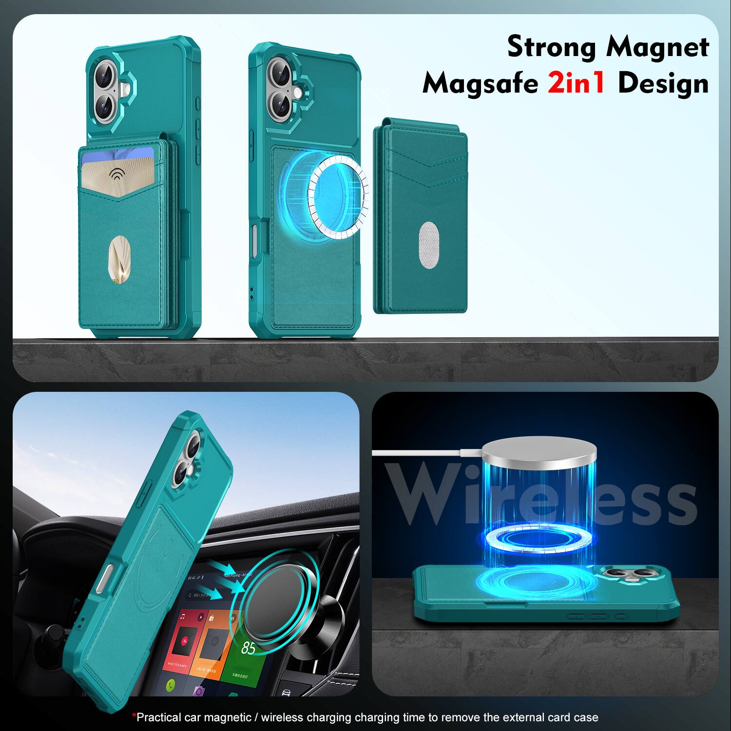 Strong Magnet Magsafe 2in1 Design Wireless

Practical car magnetic / wireless charging charging time to remove the external card case