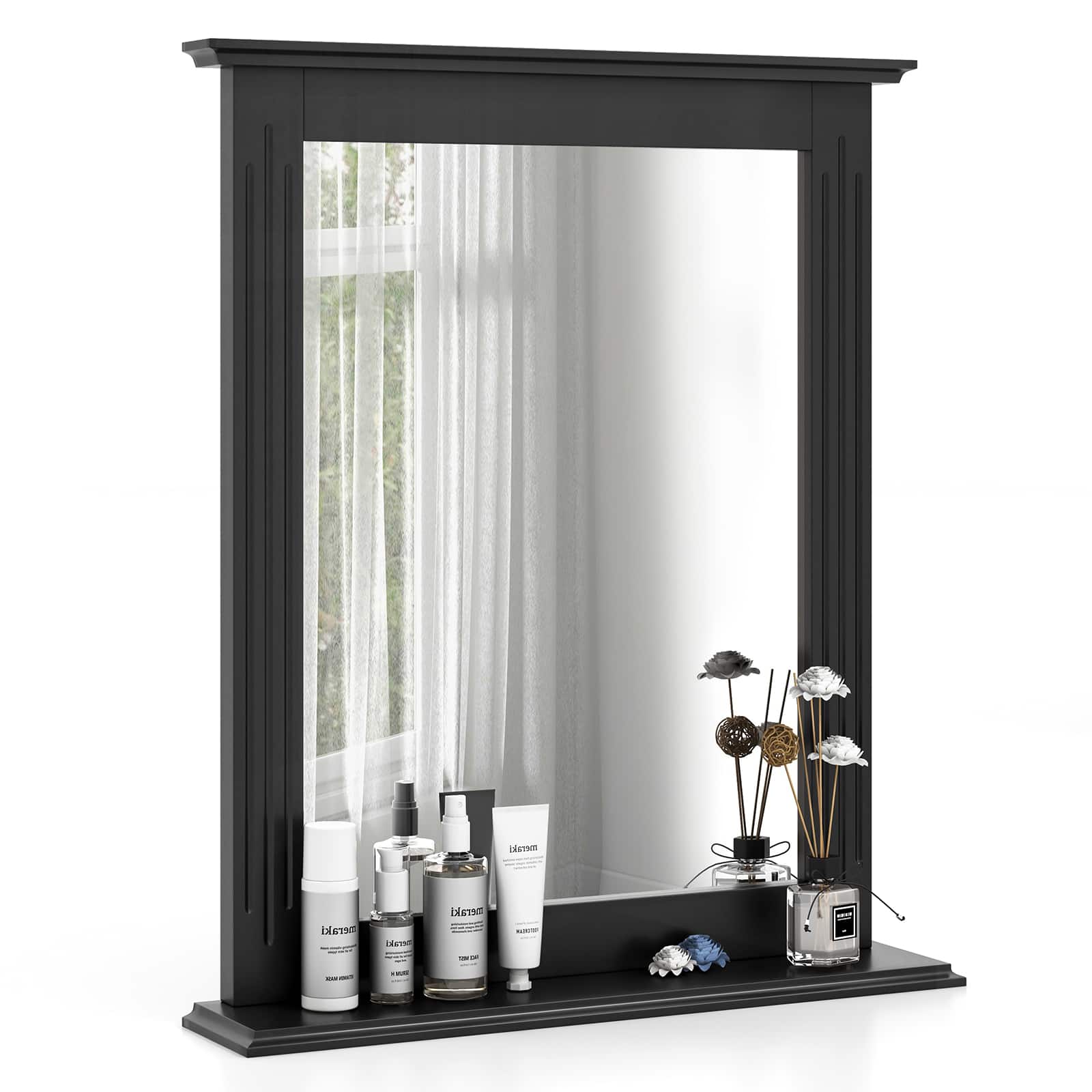 Gymax - Bathroom Wall-Mounted Mirror w/ Shelf Vanity Makeup Mirror Multipurpose White - Black