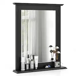 Gymax - Bathroom Wall-Mounted Mirror w/ Shelf Vanity Makeup Mirror Multipurpose White - Black