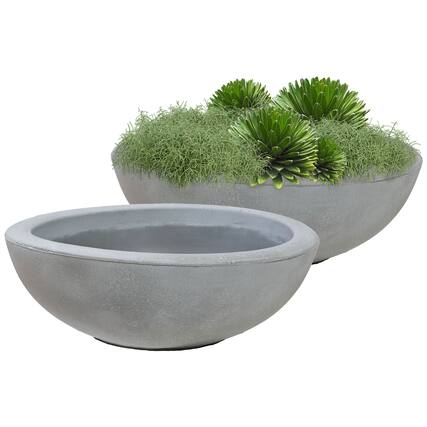 Front. Sunnydaze - 20.75 in Percival Round Polyresin Outdoor Planter - 2pk - Gray.