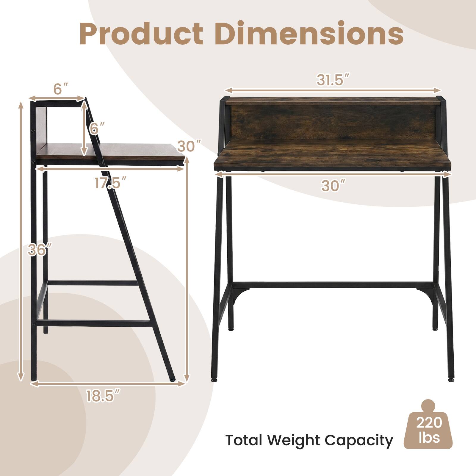 Product Dimensions: 6" x 31.5" x 6" x 30" x 17.5" x 30" x 36" x 18.5"  
Total Weight Capacity: 220 lbs