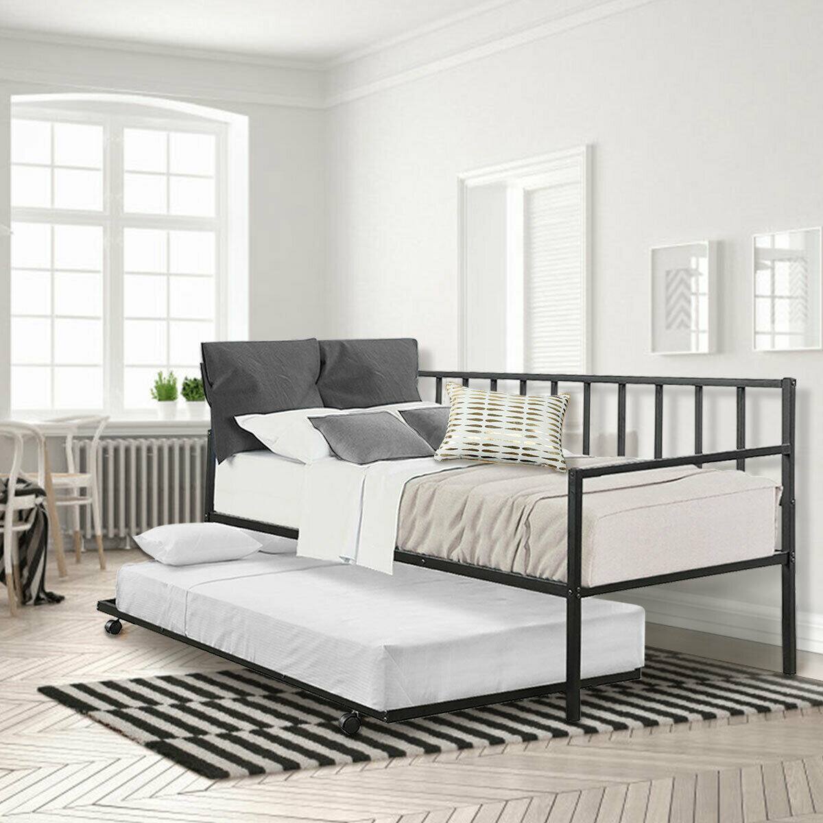 Alt View 5. Gymax - Gymax Twin Trundle DayBed w/ 4 Casters Mattress Platform Bed Sofa - Black.