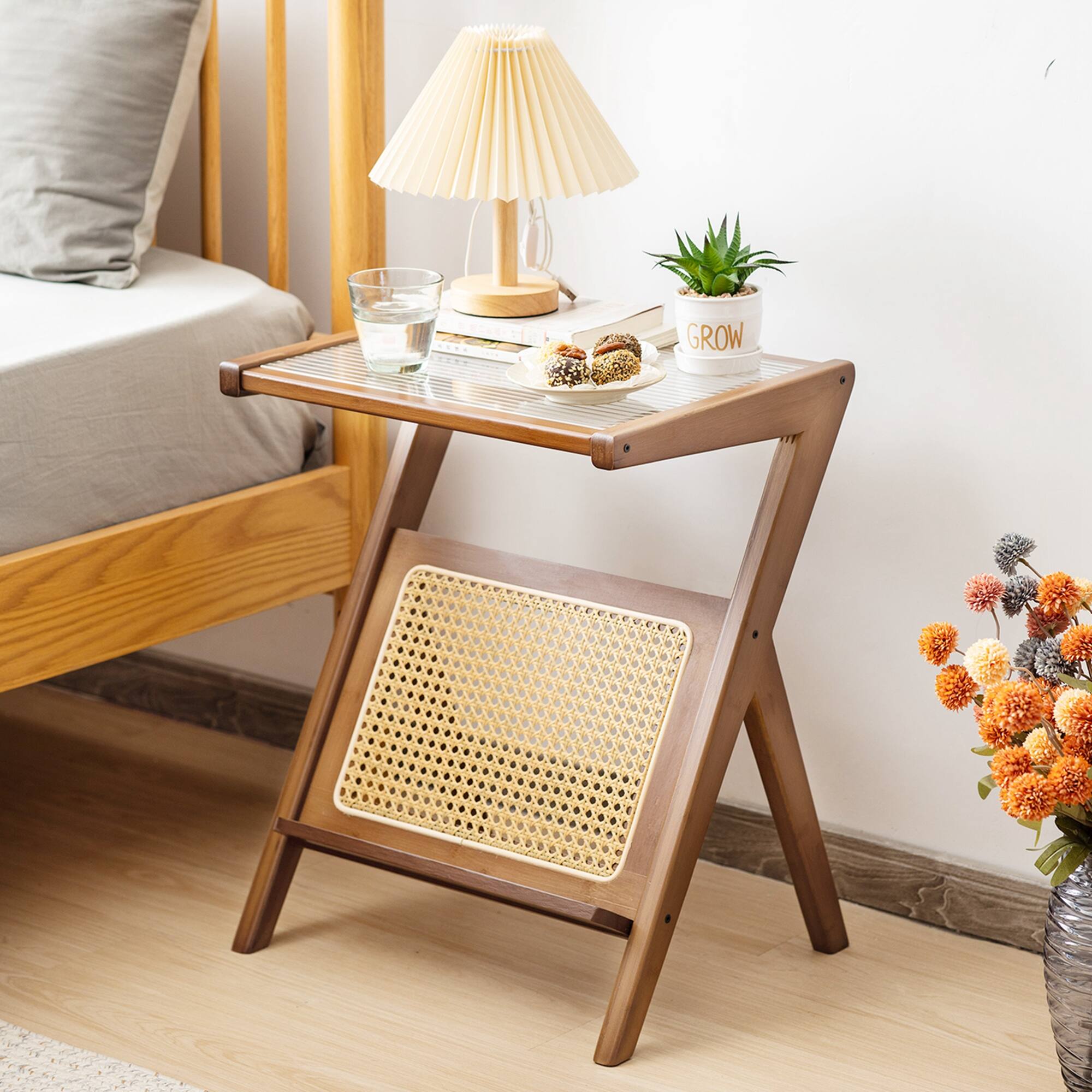 Alt View 4. Costway - Rattan Side Table Bamboo Accent Bedside Table with Tempered Glass Top - Walnut.