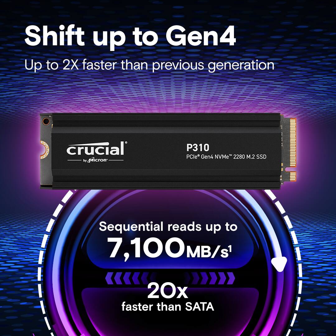 Shift up to Gen4 with Crucial P310 PCle Gen4 NVMe 2280 M.2 SSD. Sequential reads up to 7,100MB/s, 20x faster than SATA.