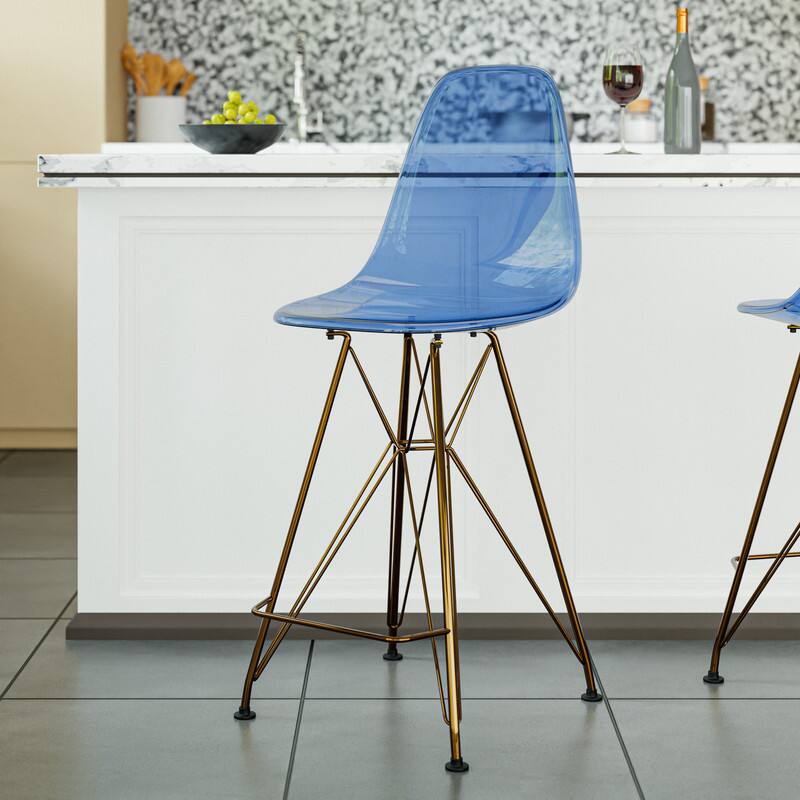 Left. LeisureMod - Cresco Modern Acrylic Barstool, Clear Swivel Counter Height Stool with Gold Chrome Base Footrest - Transparent Blue.