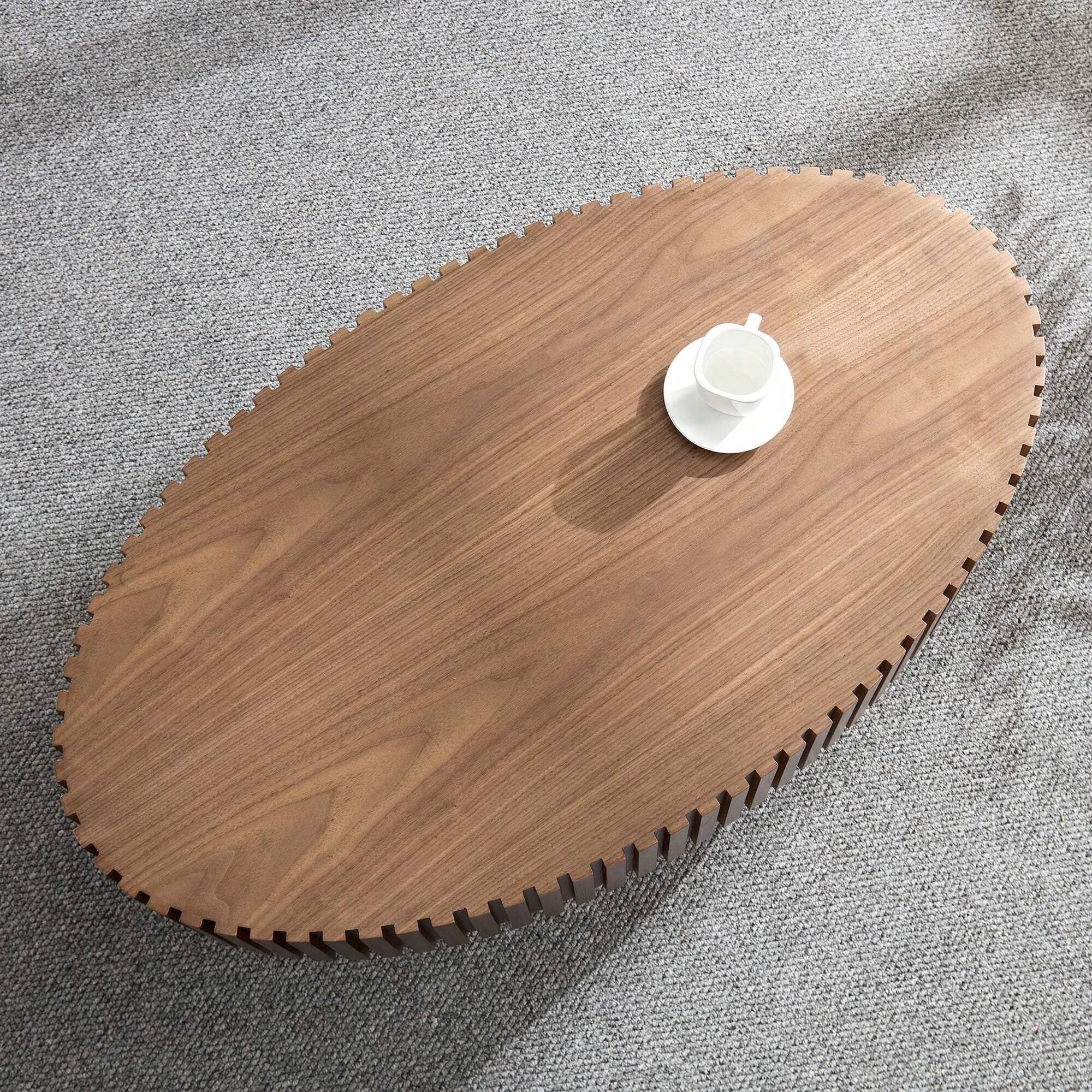 Alt View 2. Trinkets Crazed - Handcrafted Walnut Oval Coffee Table, Mid Century Modern Irregular Large 44 Inch Wood Drum Design - Walnut.