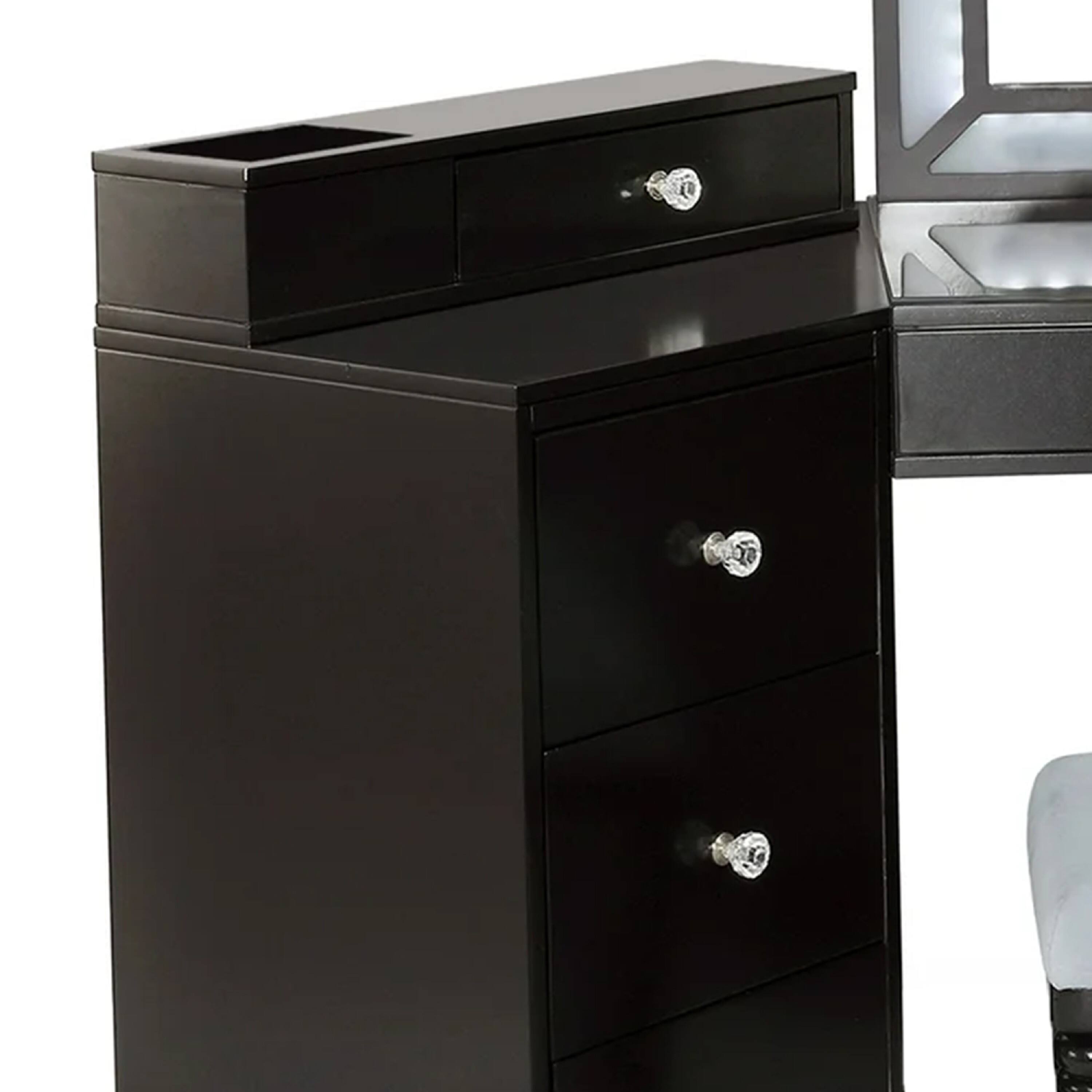 Alt View 1. Manhattan Lane - Gena 3pc Vanity Set with Stool, Glass Top Table, LED Mirror - Obsidian Gray, Clear.