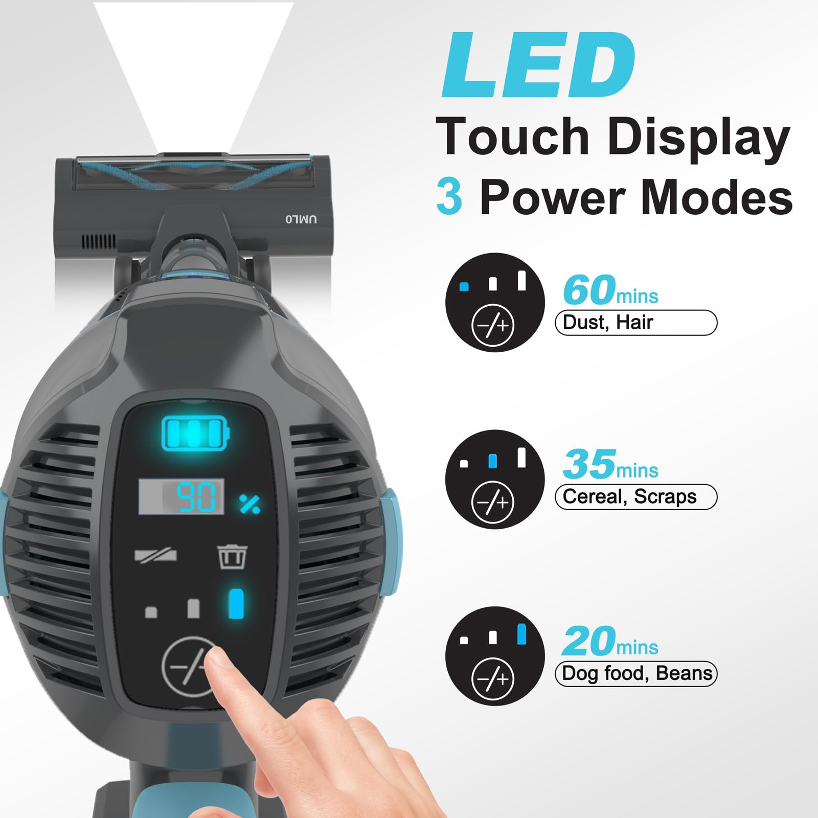 LED Touch Display  
3 Power Modes  

- 60 mins  
  Dust, Hair  

- 35 mins  
  Cereal, Scraps  

- 20 mins  
  Dog food, Beans