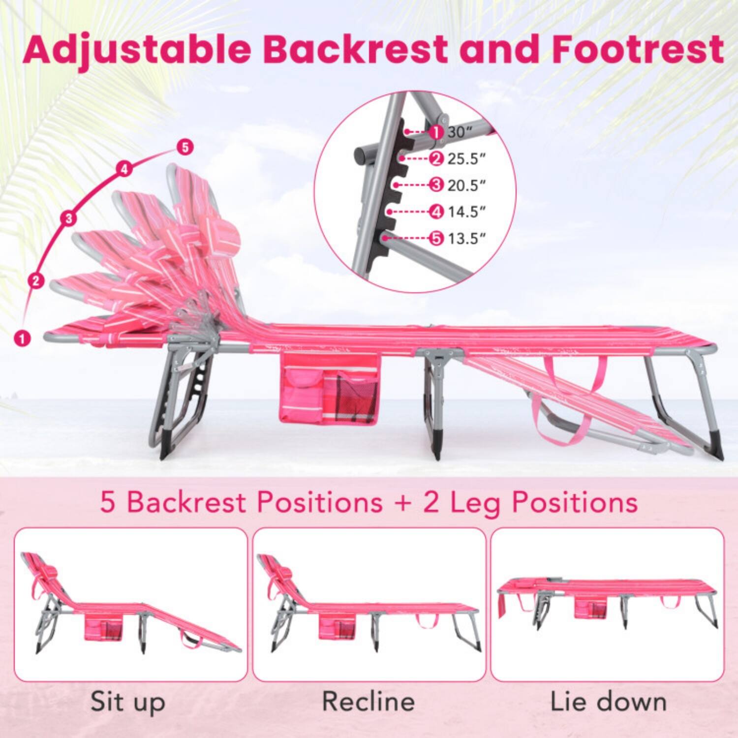 Adjustable Backrest and Footrest

5 Backrest Positions + 2 Leg Positions

- Sit up
- Recline
- Lie down

Backrest Positions:
1. 30"
2. 25.5"
3. 20.5"
4. 14.5"
5. 13.5"
