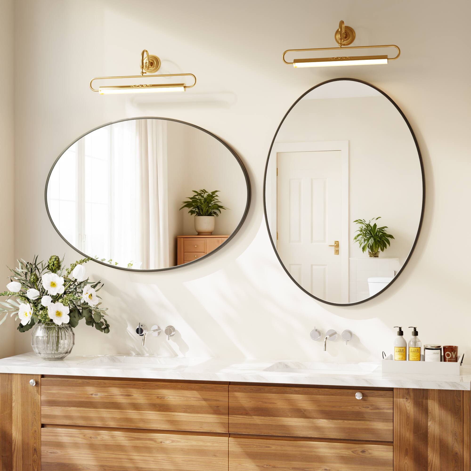Left. Easly - Black 24 in. W x 36 in. H Oval Aluminum Alloy Frame Vanity Wall Mirror - Black.