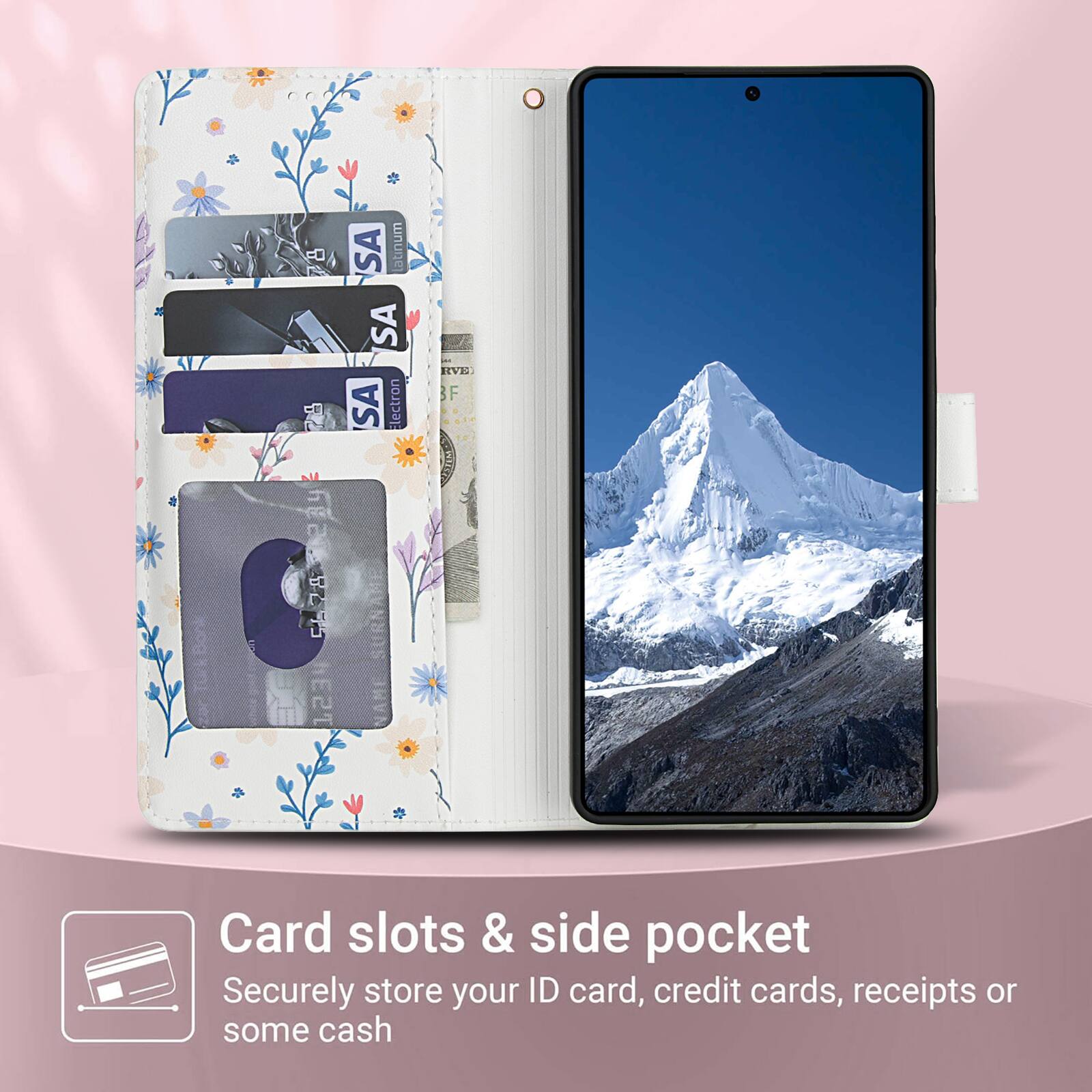 SA latinum SA RVE: F  
SA ectron SNY: 3 hE8T  
CARA ESS SURNAMI NAME  
Card slots & side pocket  
Securely store your ID card, credit cards, receipts or some cash