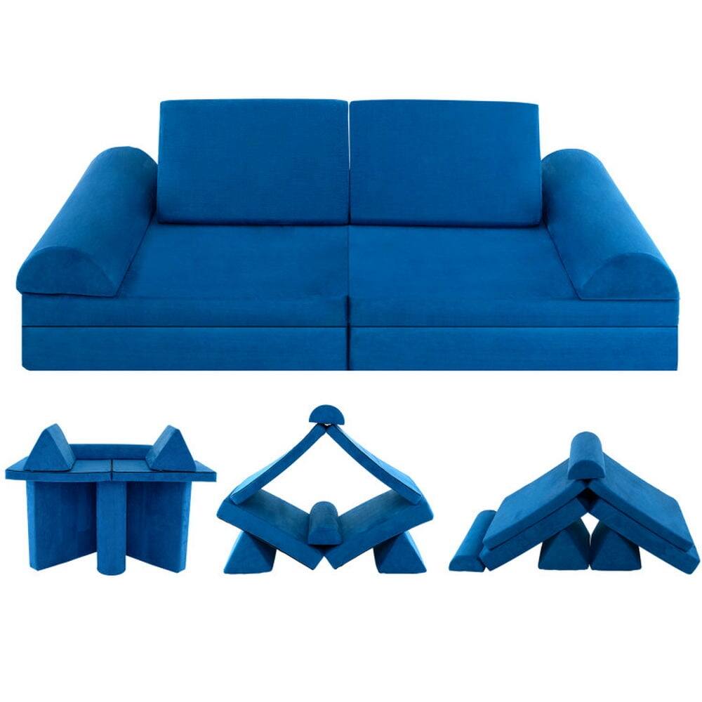Front. Kadyn - 6 Pieces Convertible Kids Sofa Playset with Zipper-Blue, Kids Chairs for Kids - Blue.