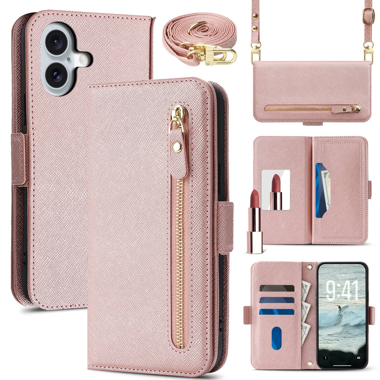 Front. Dteck - For Apple iPhone 17 Shockproof Leather Zipper Flip Wallet Case With Mirror and Crossbody Strap - Rosegold.