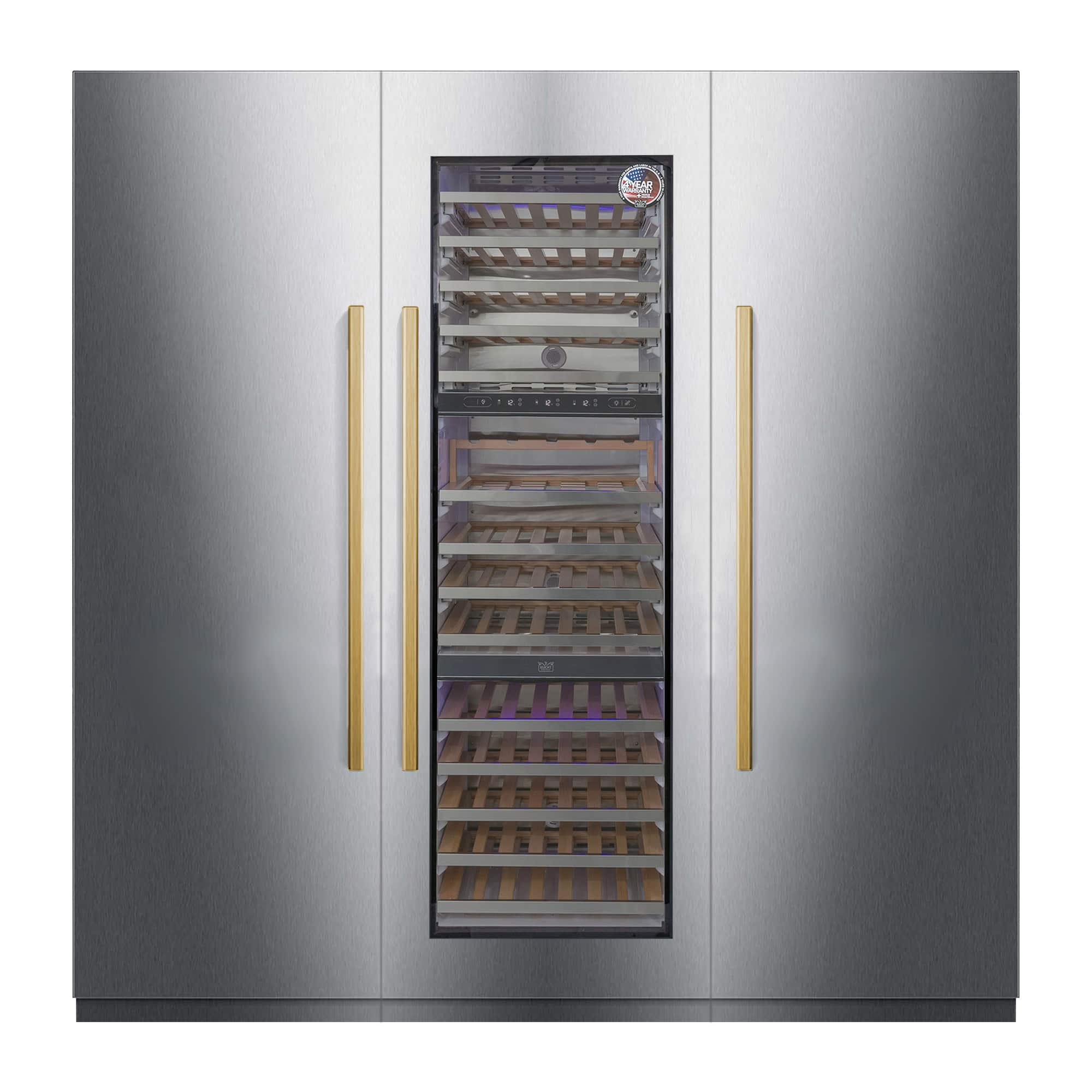 Kucht - 72 in Built-In Column Refrigeration Set: 24 in Refrigerator, 24 in Freezer & 24 in Wine Cooler with Gold Handles - Stainless Steel and Gold