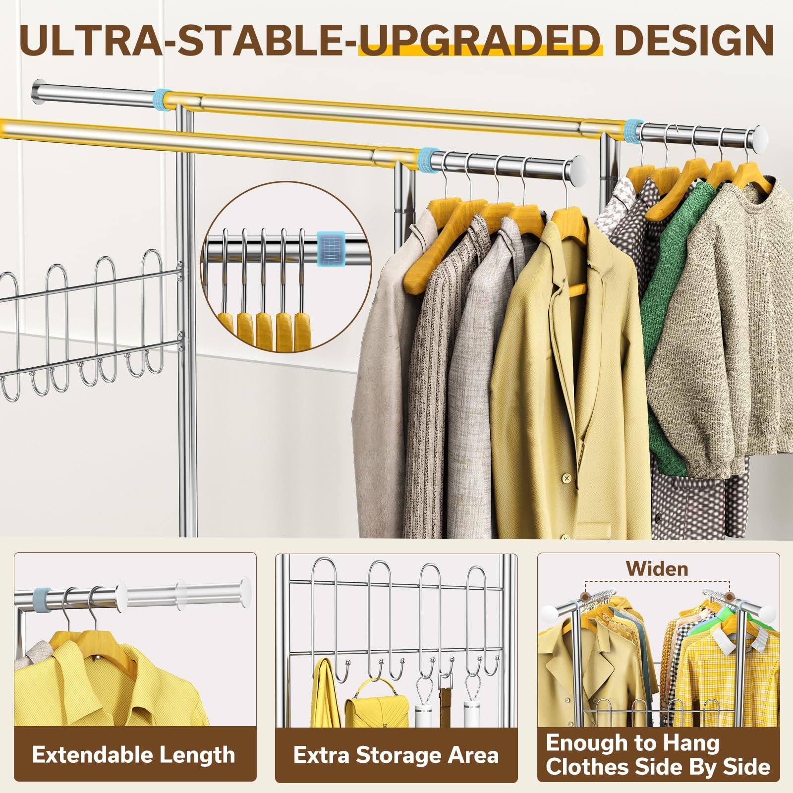 ULTRA-STABLE-UPGRADED DESIGN

- Extendable Length
- Extra Storage Area
- Widen
- Enough to Hang Clothes Side By Side