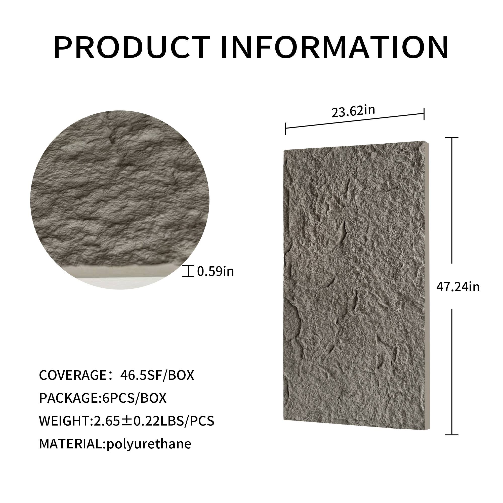 PRODUCT INFORMATION

23.62in  
0.59in  
47.24in  

COVERAGE: 46.5SF/BOX  
PACKAGE: 6PCS/BOX  
WEIGHT: 2.65 ± 0.22LBS/PCS  
MATERIAL: polyurethane