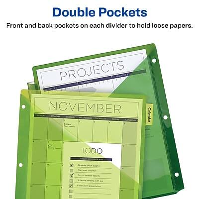 Double Pockets  
Front and back pockets on each divider to hold loose papers.

PROJECTS  
QUARTER 1  
CRYTRADO  
NOVEMBER  
Calendar  
SUNDAY  
MONDAY  
TUESDAY  
WEDNESDAY  
THURSDAY  
SATURDAY  
9.50 AM  
AM  
TODO  
thicks  
PM  
Nave lachen  
Type  
Scheade meeting with be  
Find there Imintection