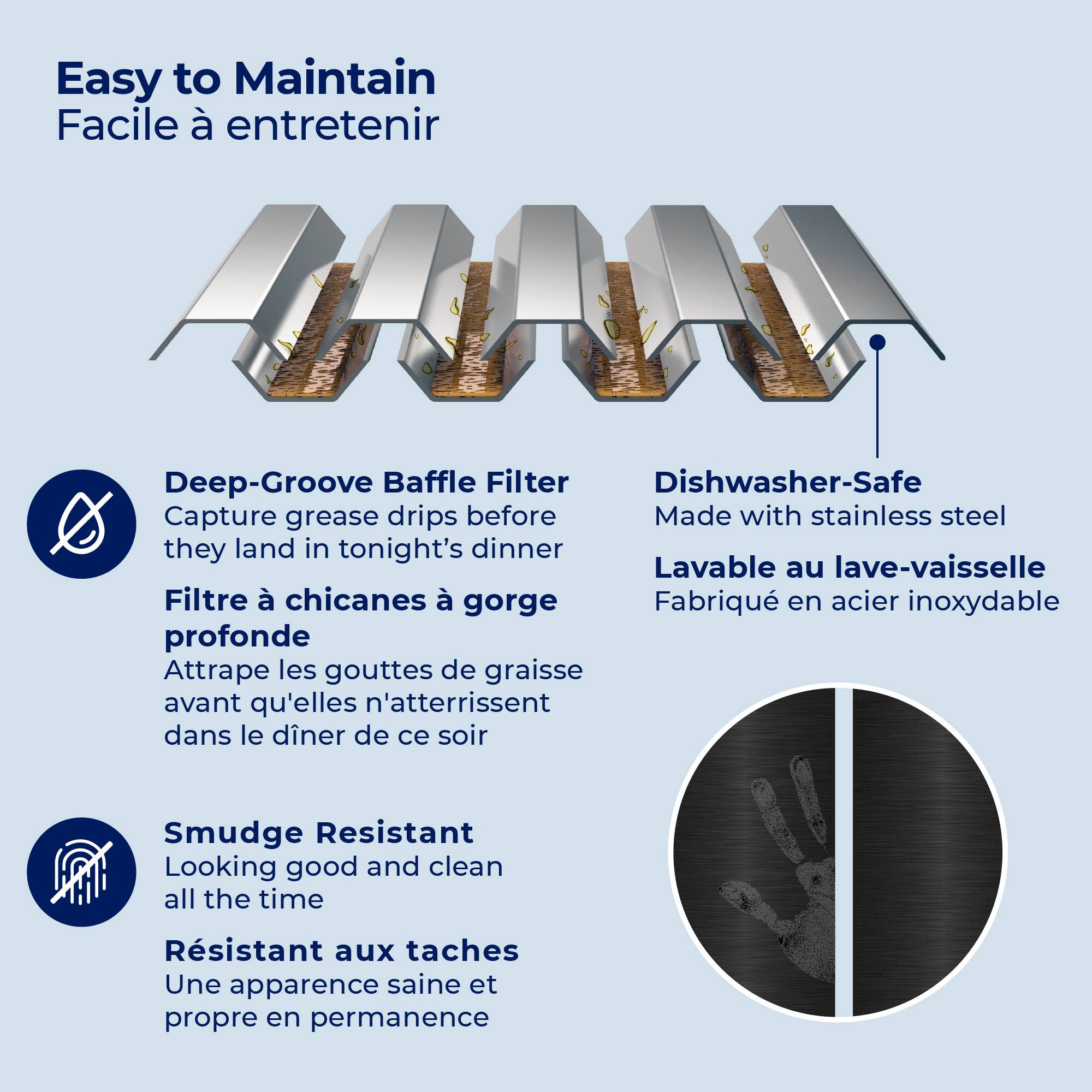 Easy to Maintain  
Facile à entretenir

Deep-Groove Baffle Filter  
Capture grease drips before they land in tonight's dinner  
Filtre à chicanes à gorge profonde  
Attrape les gouttes de graisse avant qu'elles n'atterrissent dans le dîner de ce soir

Dishwasher-Safe  
Made with stainless steel  
Lavable au lave-vaisselle  
Fabriqué en acier inoxydable

Smudge Resistant  
Looking good and clean all the time  
Résistant aux taches  
Une apparence saine et propre en permanence