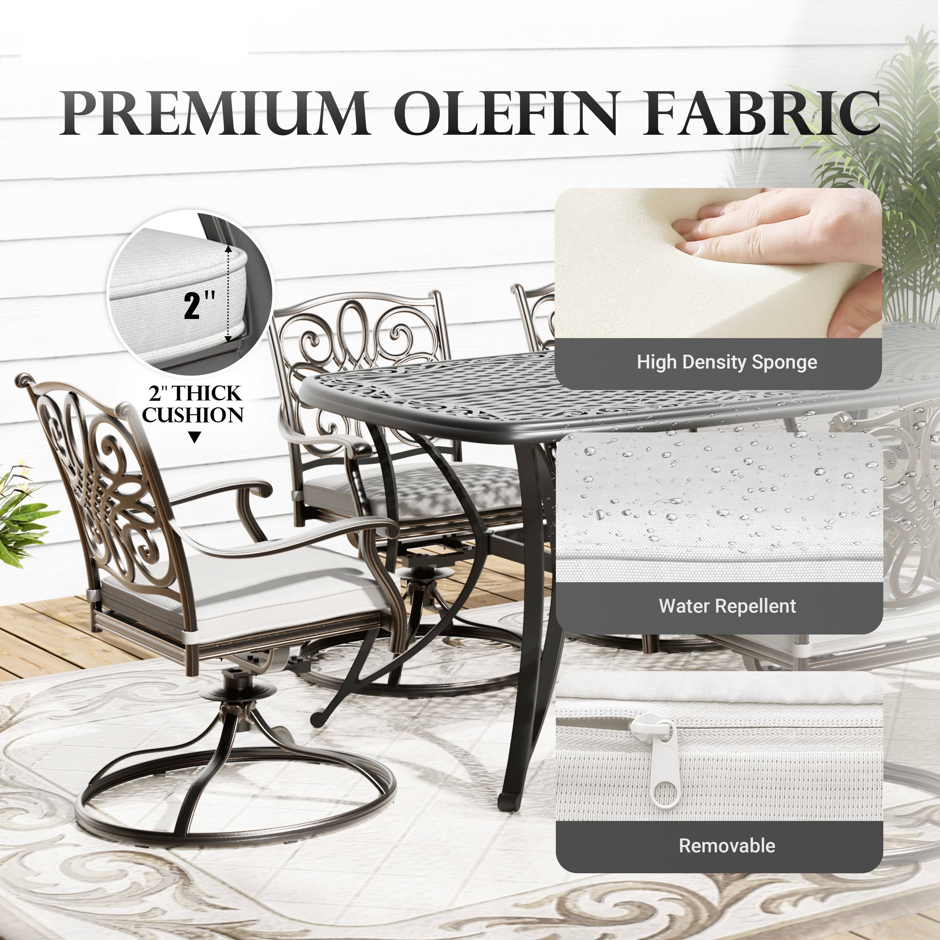 PREMIUM OLEFIN FABRIC  
2" THICK CUSHION  
High Density Sponge  
Water Repellent  
Removable