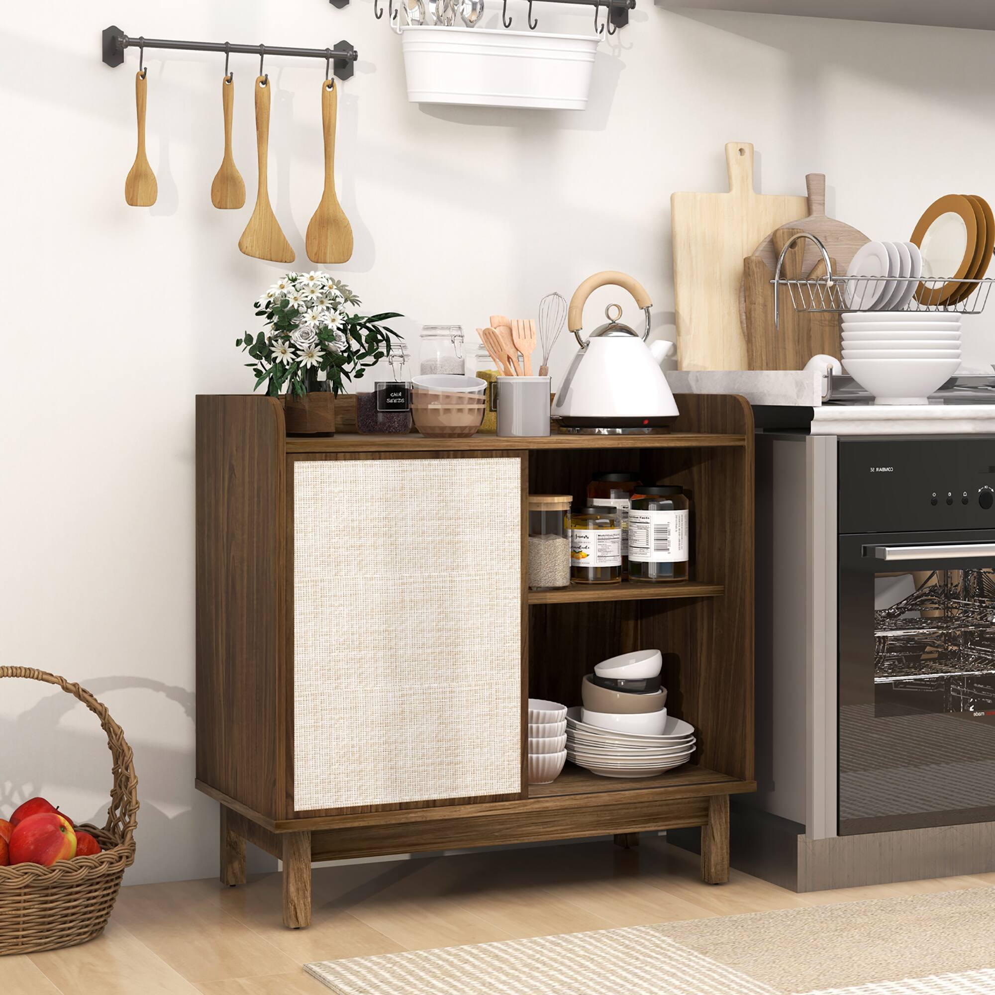 Alt View 1. Gymax - Gymax Rattan Buffet Sideboard w/ Adjustable Shelves Storage Cabinet &Sliding Door - Walnut, Beige.