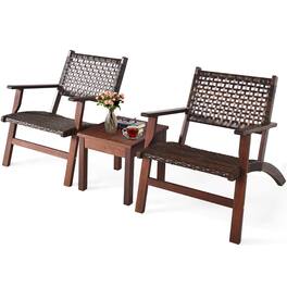 Costway - 3PCS Patio Rattan Furniture Set Solid Eucalyptus Wood Frame Bistro Set with Coffee Table - Brown