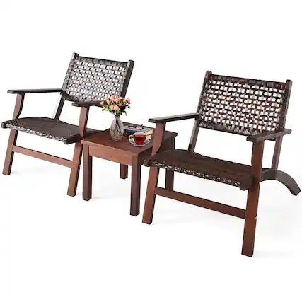 Front. Costway - Costway 3PCS Patio Rattan Furniture Set Solid Eucalyptus Wood Frame Bistro Set with Coffee Table - Brown.