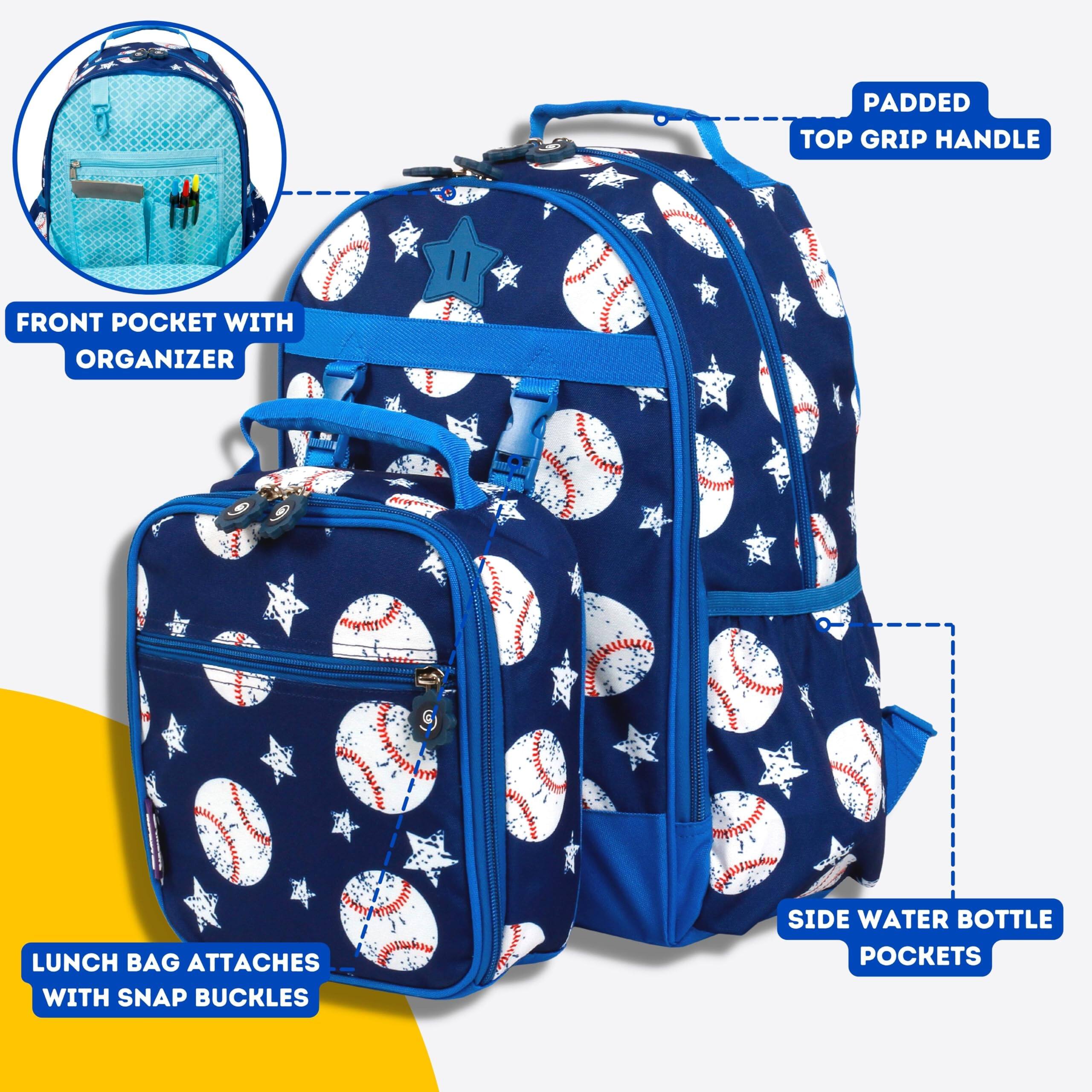 - Padded Top Grip Handle
- Front Pocket with Organizer
- Lunch Bag Attaches with Snap Buckles
- Side Water Bottle Pockets