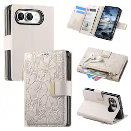 UUCOVER - Zipper Wallet Flower Embossed Case for Apple iPhone Duo,Shockproof Leather+PC Magnetic Case Card Slots Kickstand Cover - Beige