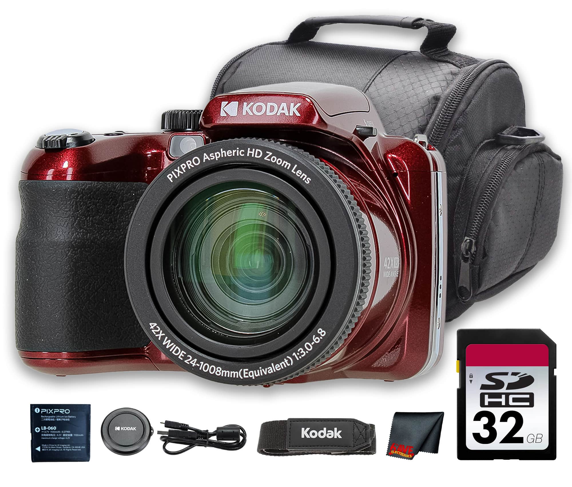 Kodak - PIXPRO AZ425 Digital Camera (Red) (AZ425RD) + 32GB Card + Bag + Cloth